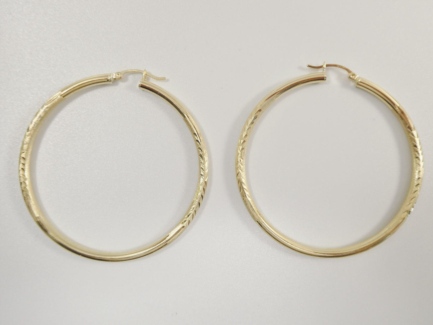 14K real solid yellow gold 55mm round hoop earring snap closure diamond cut finish