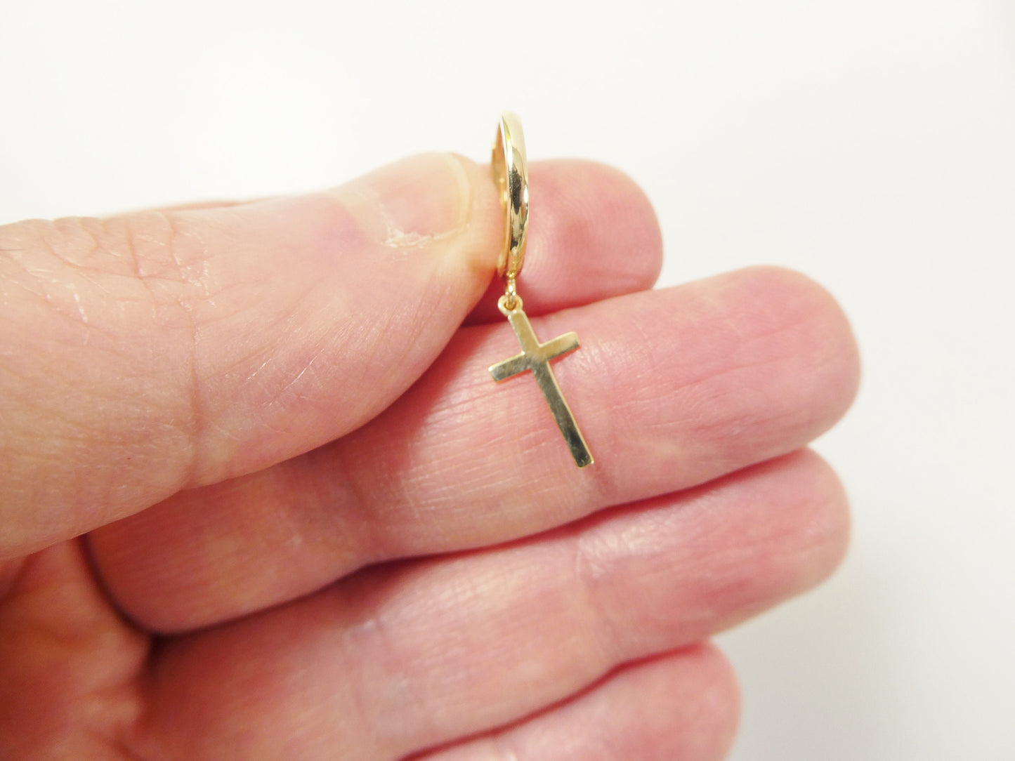 10k real solid yellow gold plain hoop huggie cross dropping