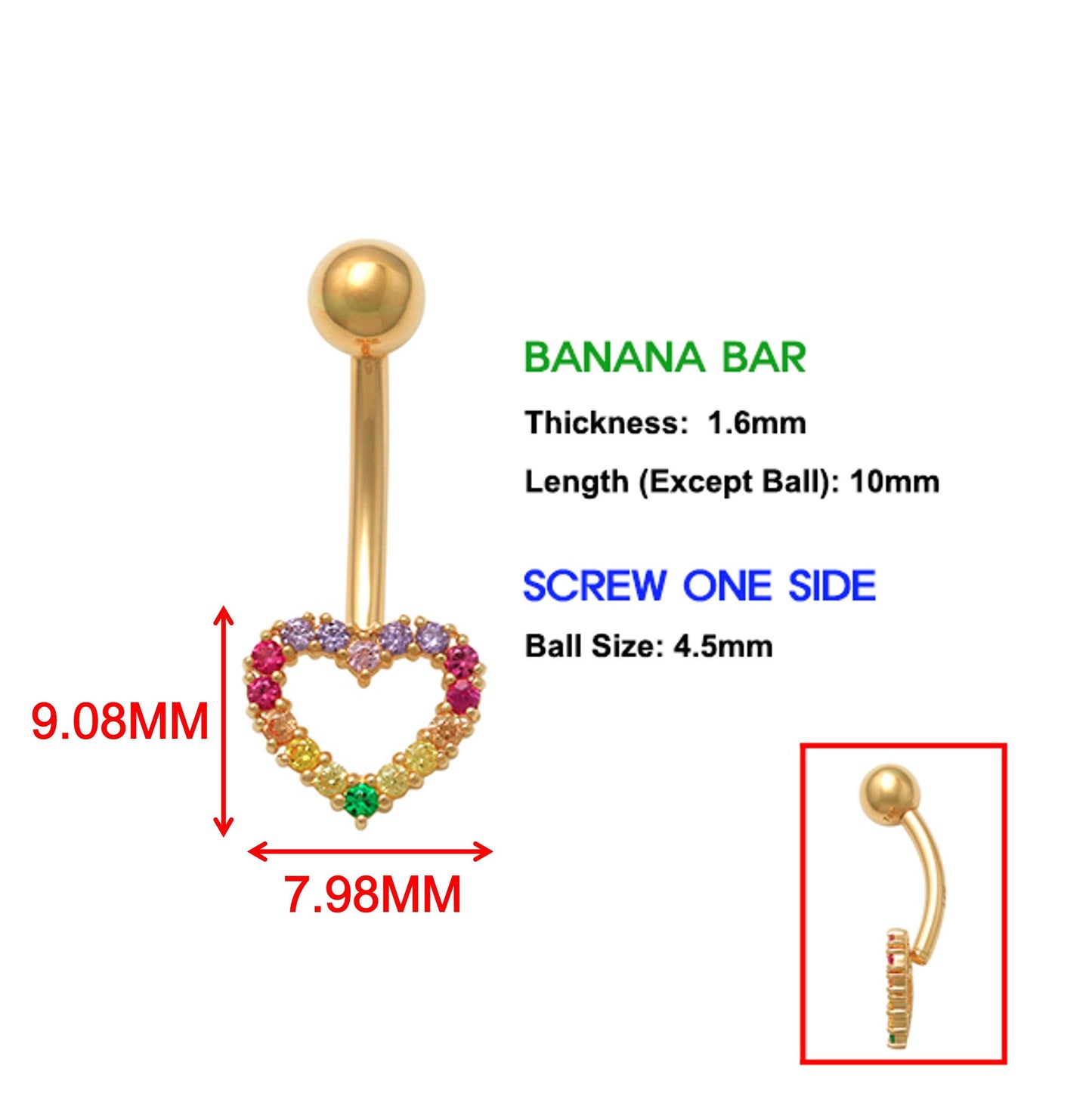 14k real solid yellow gold rainbow heart belly button ring piercing