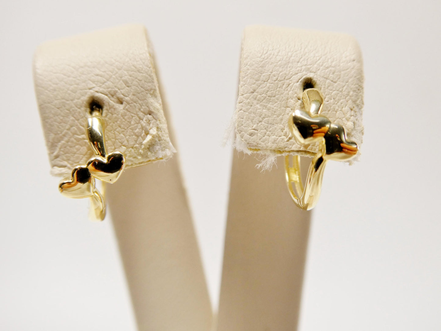real 10k solid yellow gold double heart dropping huggie earring
