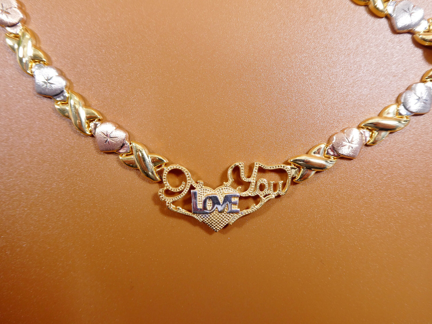 925 real sterling silver I love you xoxo heart set necklace and bracelet hugs and kisses stampato 14k tri color gold tone color