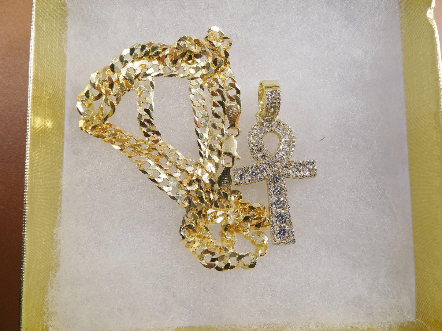 14k yellow gold color tone chain and cross charm pendent over real 925 sterling silver