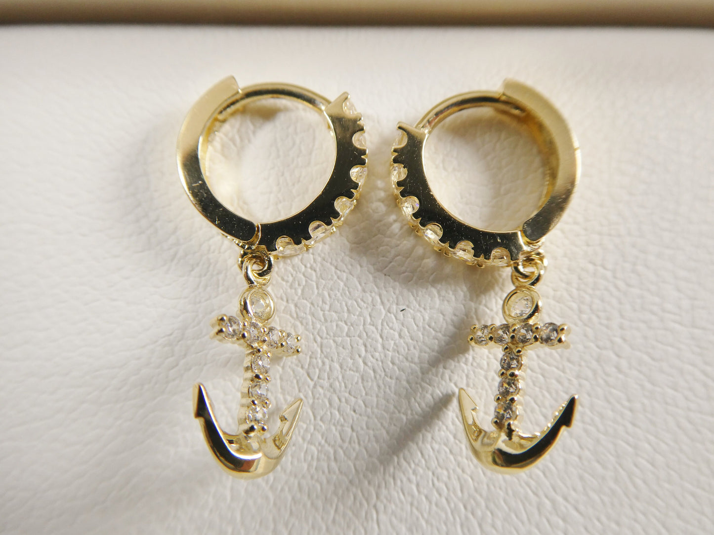 10k real yellow gold anchor dangling huggie hoop earring