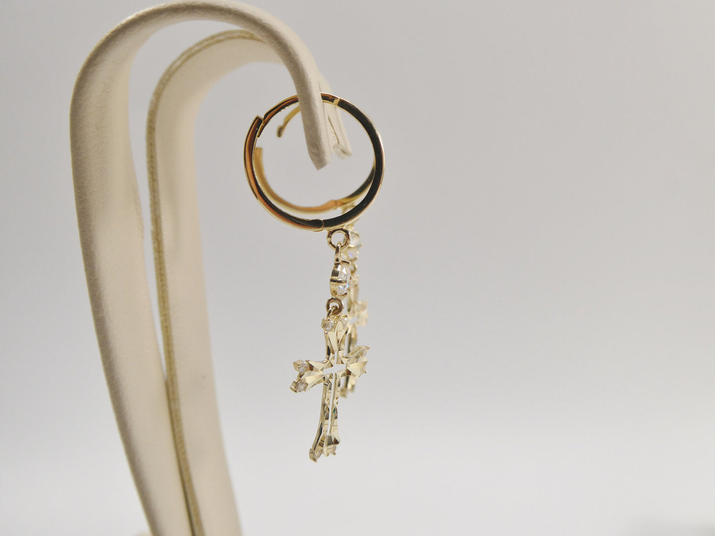 10k real solid yellow gold full laser cut cross dangle on plain huggie hoop fancy earring