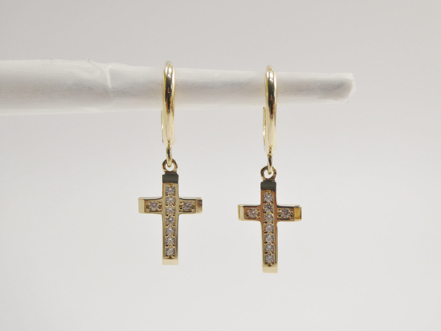 10k real solid yellow gold 1.5mm stone setting cross dangle on plain huggie hoop fancy earrings