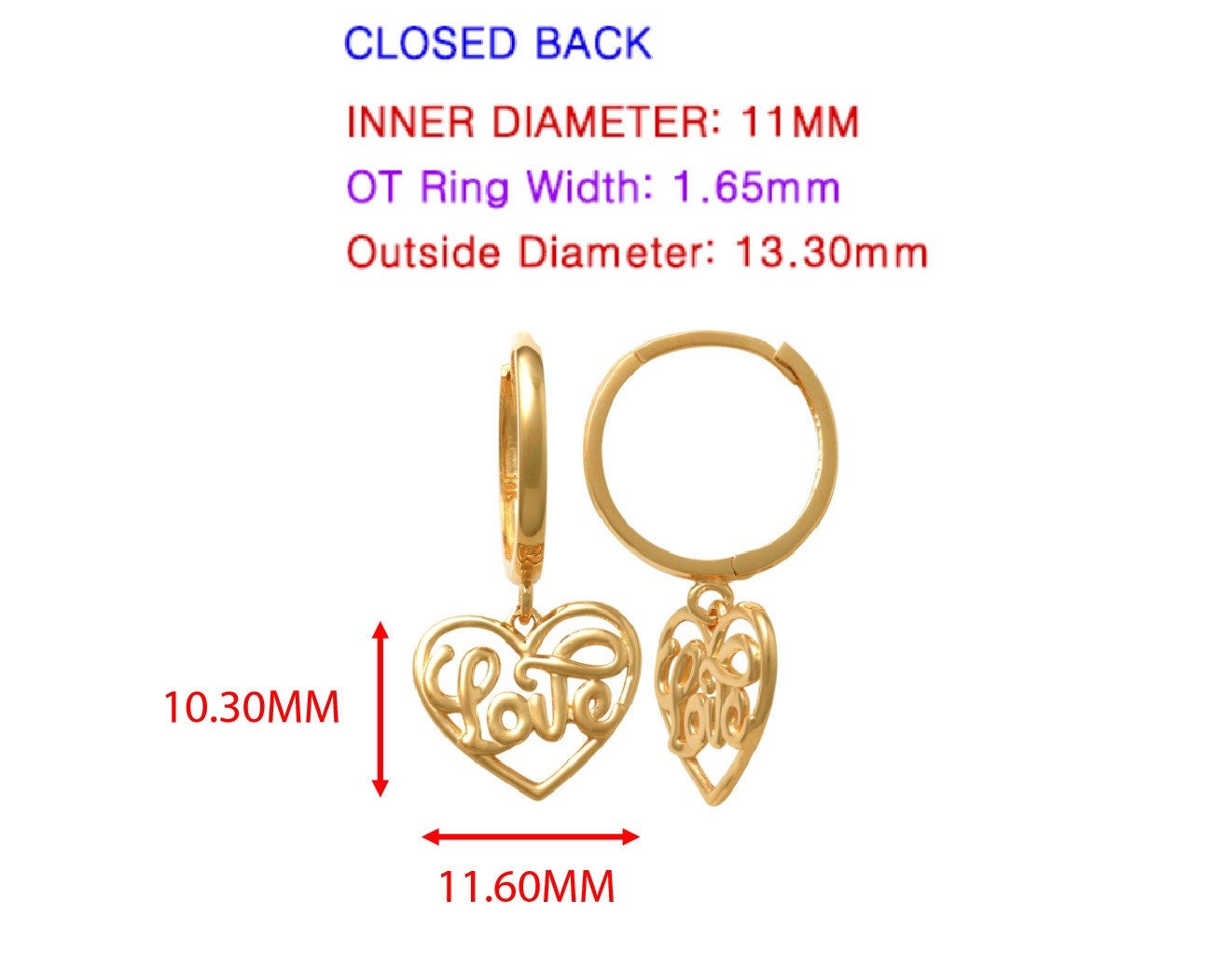 real 10k solid yellow gold script love letter heart drop super polish hoop huggie earrings