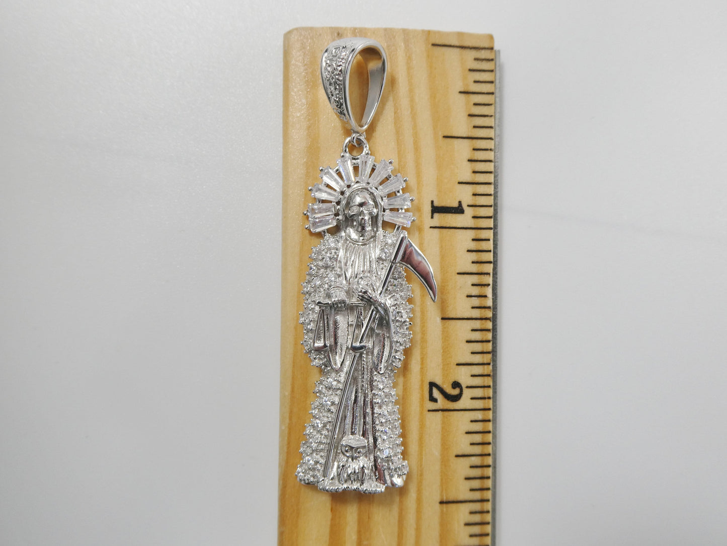 real 925 sterling silver 22 inch flat chain and large santa muerte pendent charm