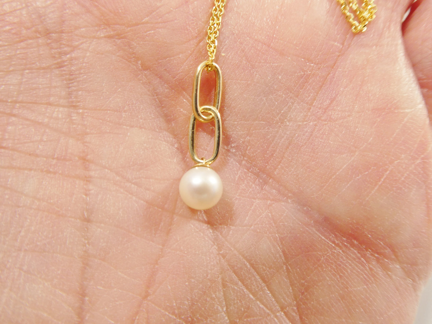 14k real solid yellow gold freshwater pearl pendent and cable necklace