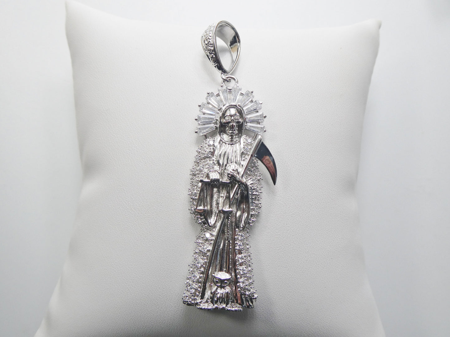 real 925 sterling silver 24 inch flat chain and extra large santa muerte pendent charm