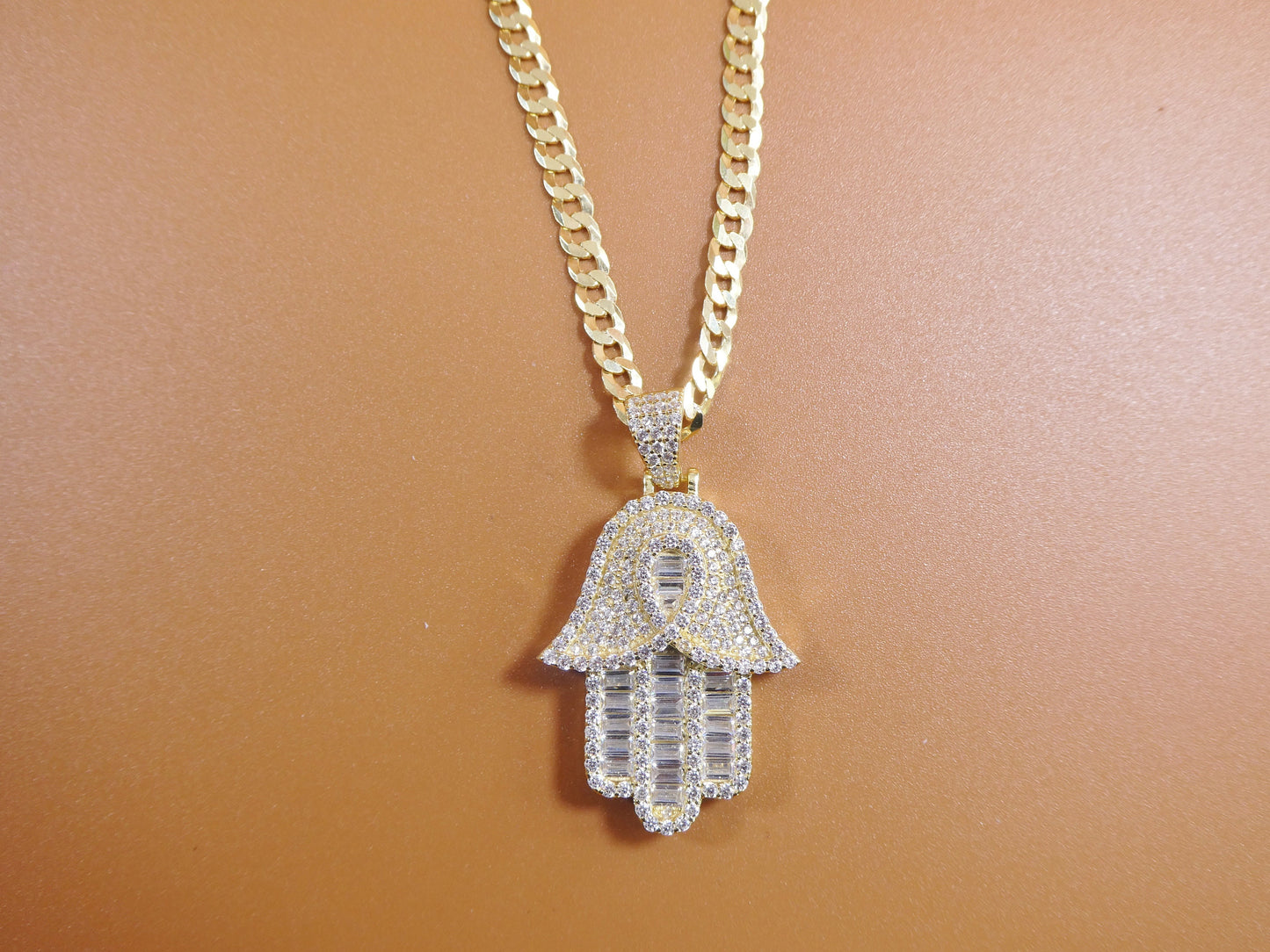 14k yellow gold color tone chain and hamsa evil eye charm pendent over real 925 sterling silver