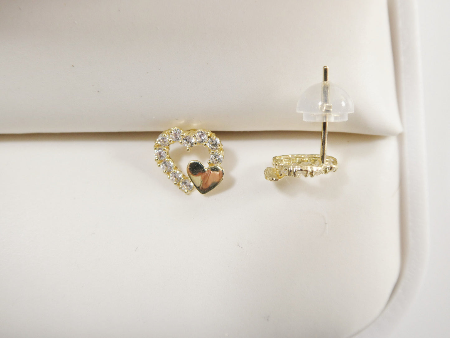 real 10k solid yellow gold double heart push post stud earring