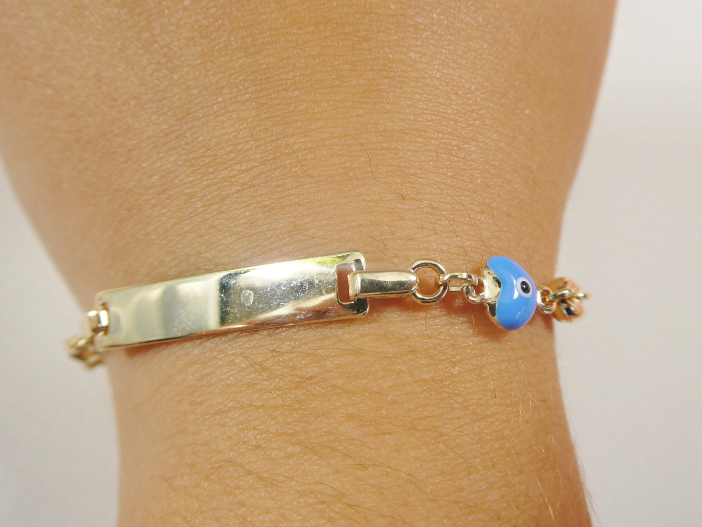 14k real solid yellow gold buff mariner enamel turquoise 6 inch heart baby ID bracelet