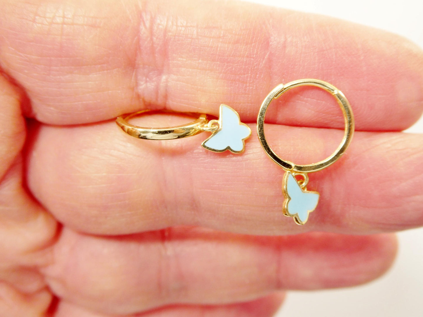real 10k solid yellow gold enamel drop butterfly hoop huggie earring