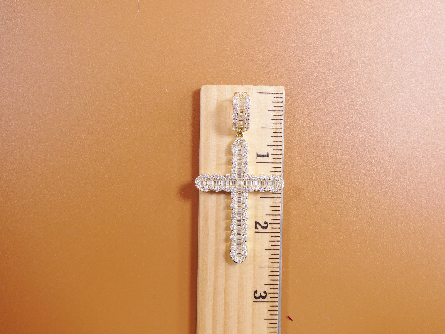 14k yellow gold color tone chain and cross charm pendent over real 925 sterling silver