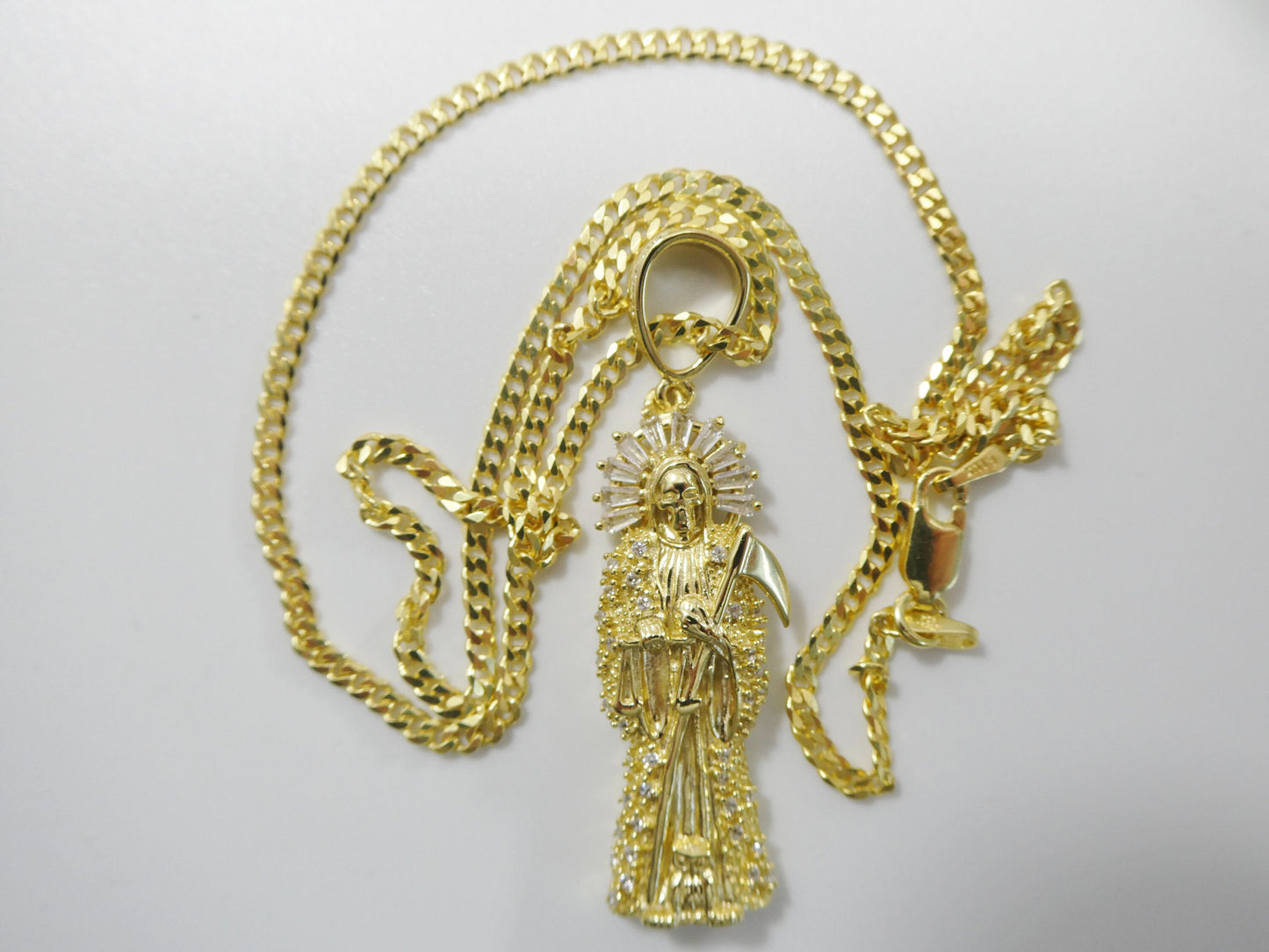 real 925 sterling silver 18 inch flat chain and santa muerte pendent charm14k yellow gold finish