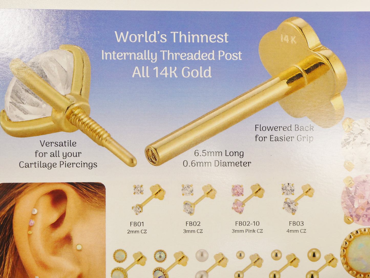 3MM 14k real solid yellow gold color stone cartilage flat screw back piercing