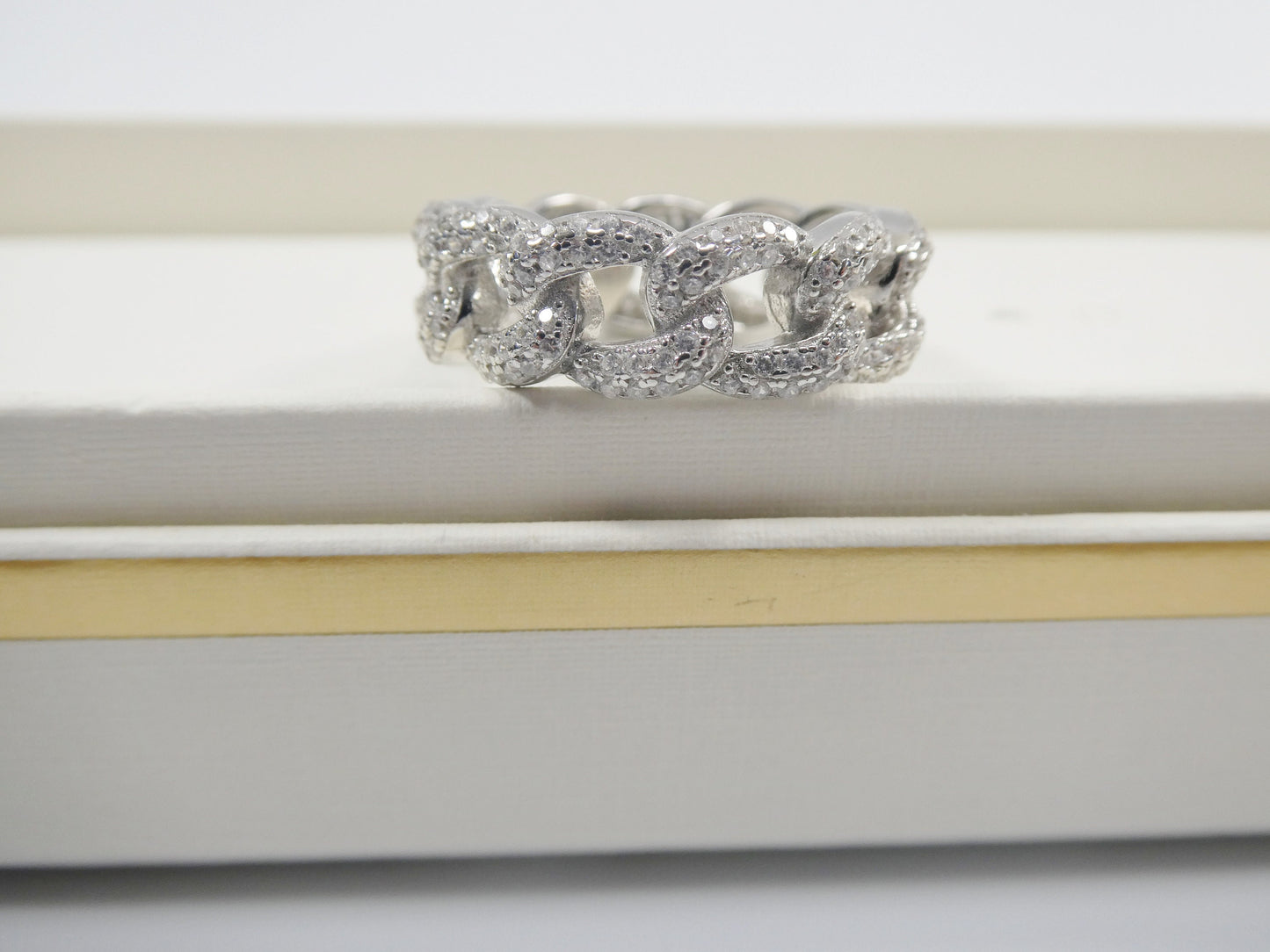 real 925 sterling silver Monaco curb link full icy prong setting ladies ring