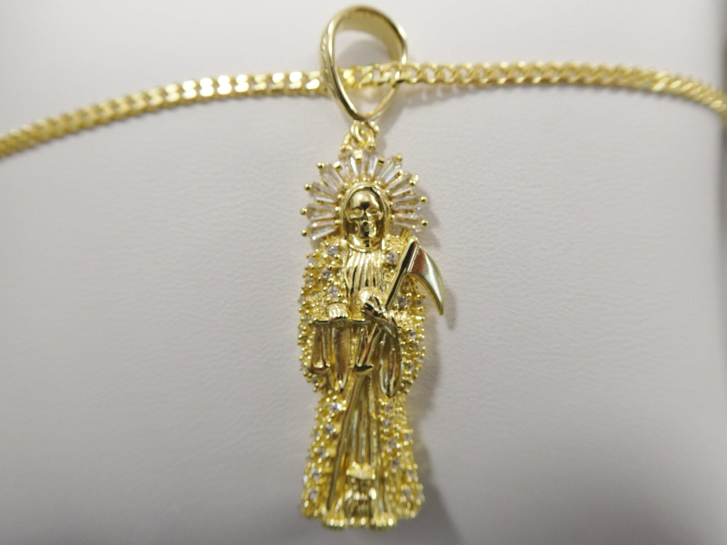 real 925 sterling silver 18 inch flat chain and santa muerte pendent charm14k yellow gold finish