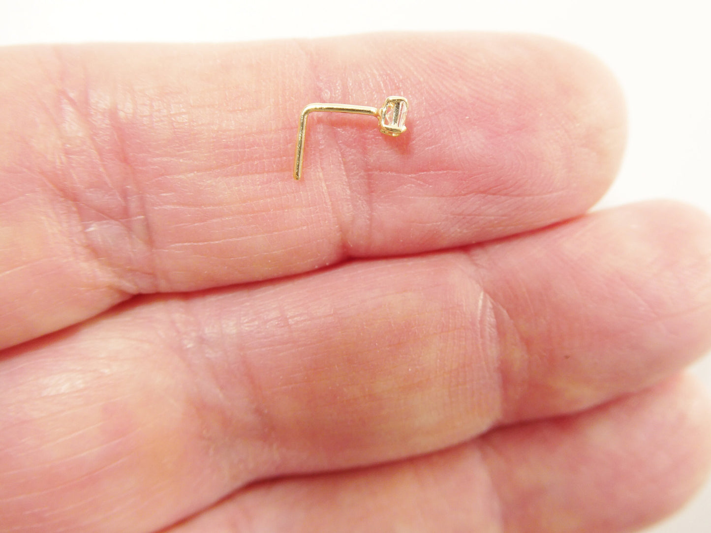 14k real solid yellow gold L SHAPE 2mm square stone stud nose ring