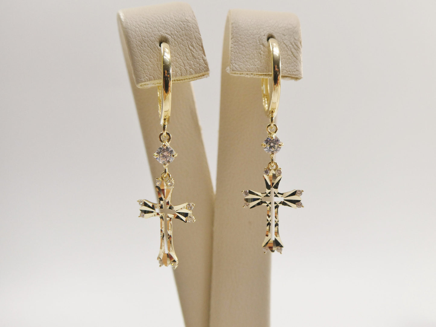 10k real solid yellow gold full laser cut cross dangle on plain huggie hoop fancy earring