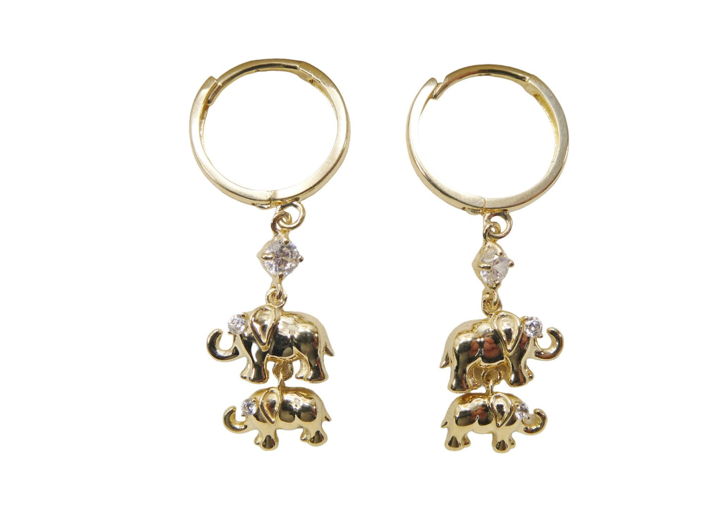 real 10k solid yellow gold double elephant dangling hoop huggie earring