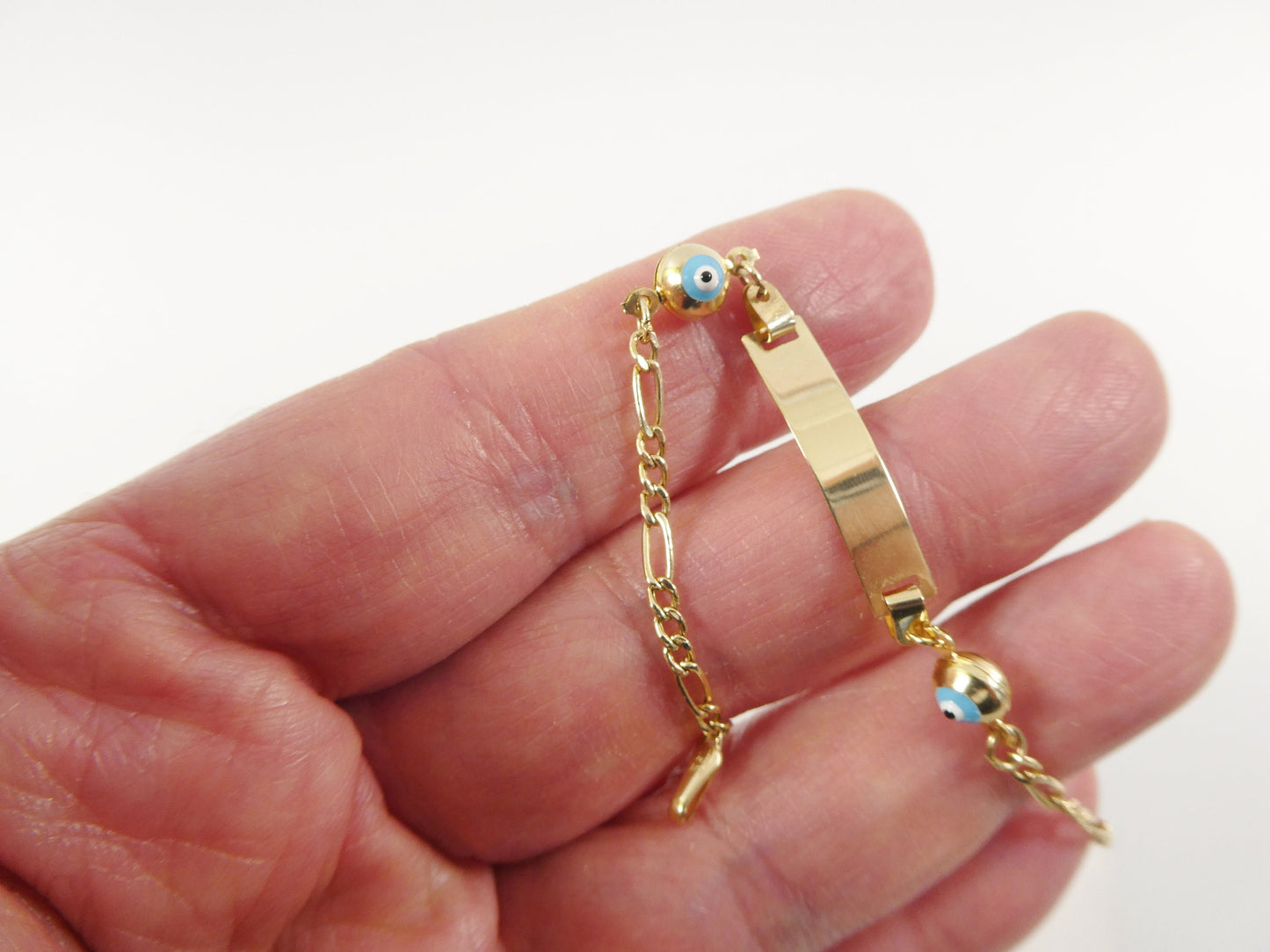 14K real solid yellow gold 5.5 inch Figaro style evil eye baby ID bracelet