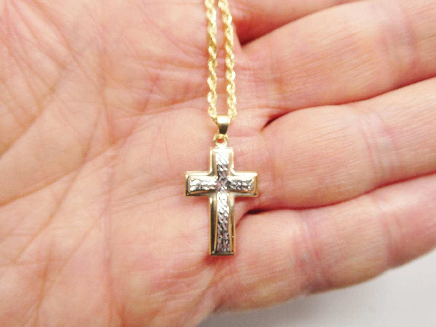 14k real solid yellow gold two tone cross pendent and robe necklace