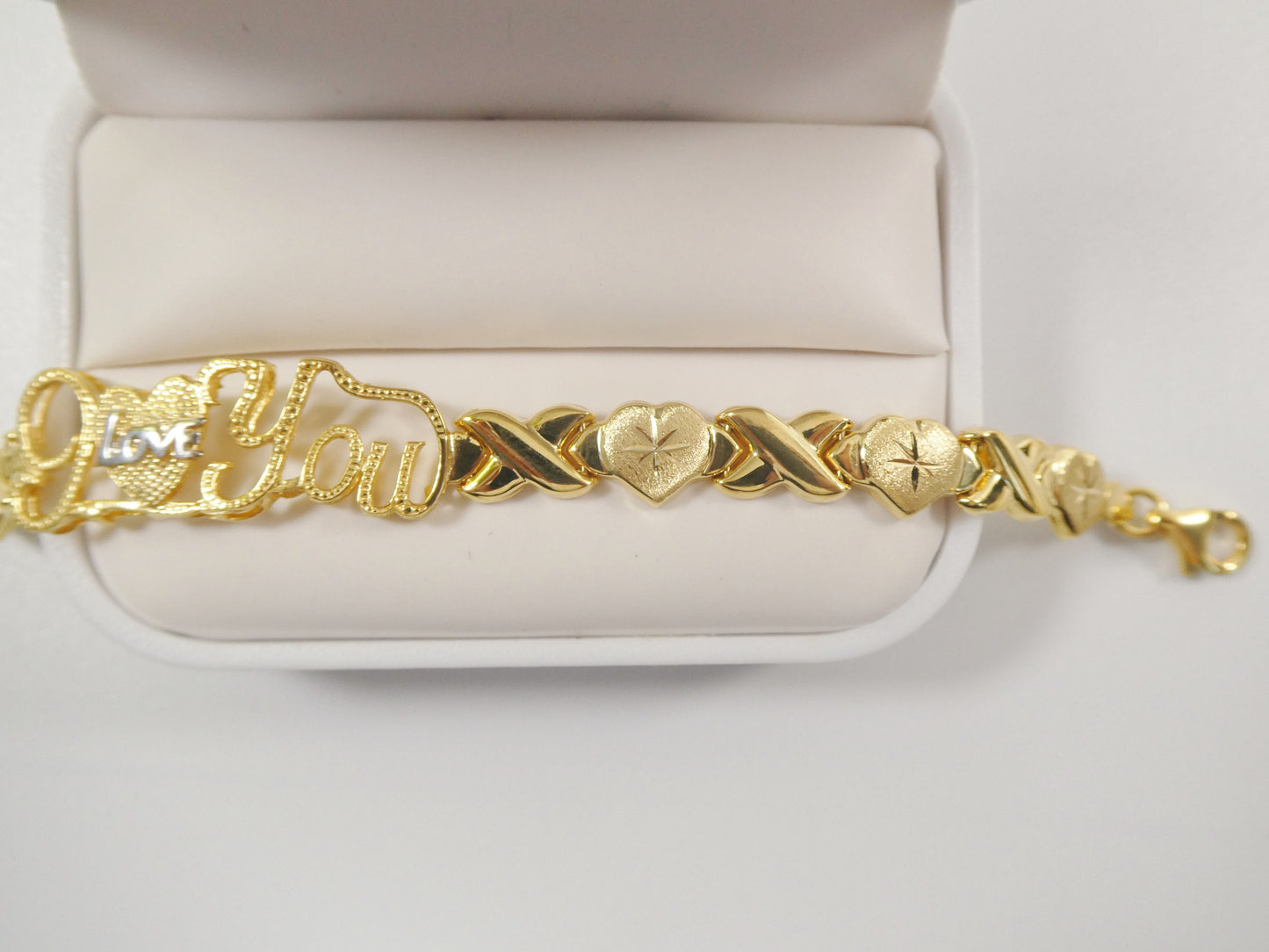 real 925 sterling silver I love you xo heart stampato bracelet 14k yellow gold tone finish
