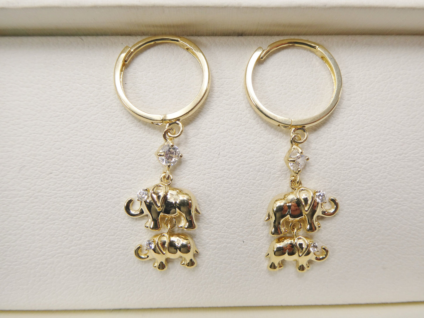 real 10k solid yellow gold double elephant dangling hoop huggie earring