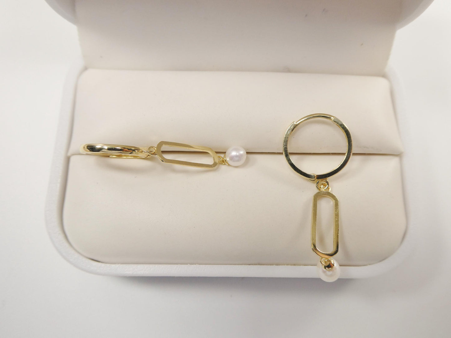 real 10k solid yellow gold paperclip pearl dropping earring