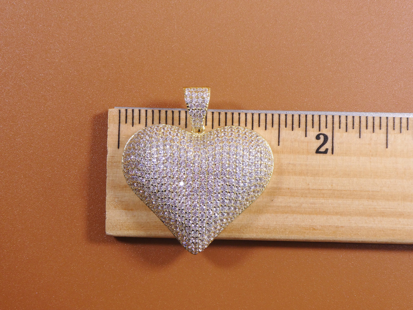 14k yellow gold color tone chain and large heart charm pendent over real 925 sterling silver