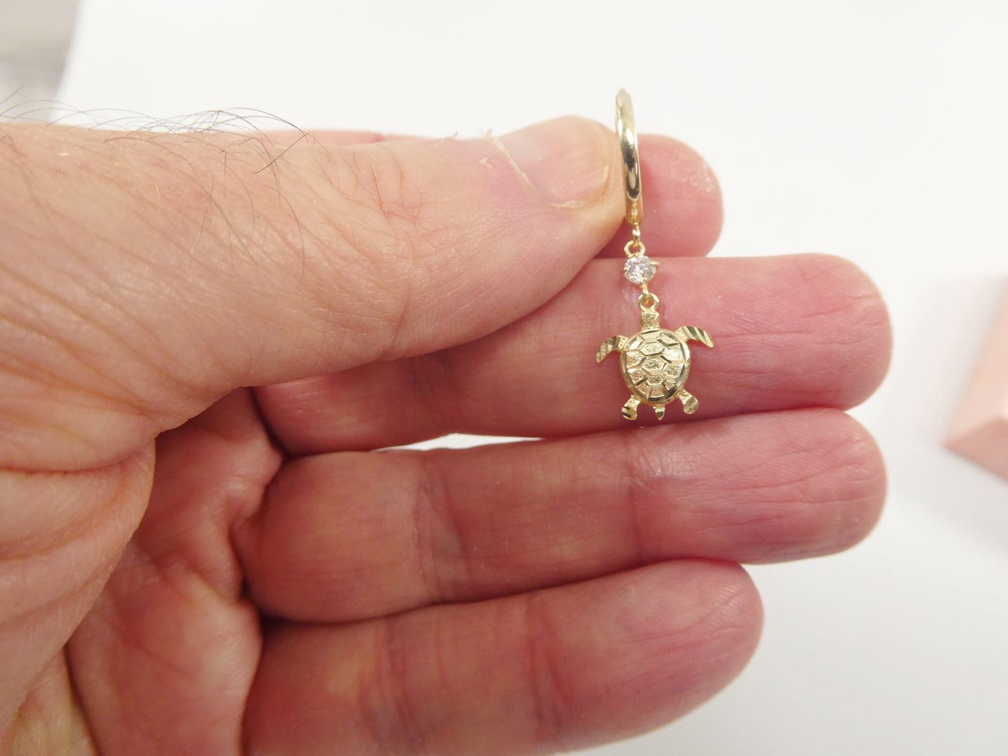 10k real yellow gold turtle dangle plain huggie earring