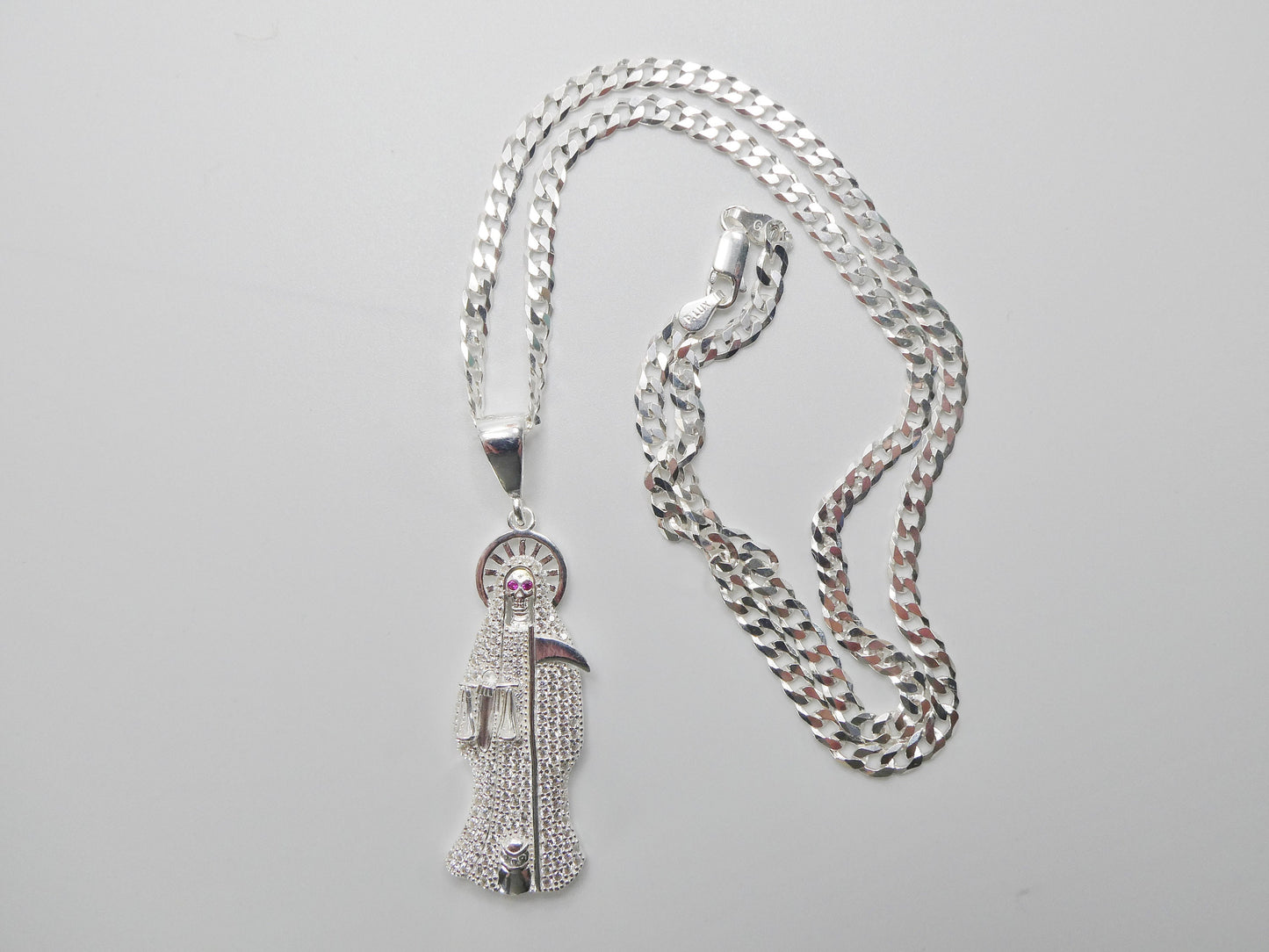 real 925 sterling silver 22 inch flat chain and large santa muerte pendent charm