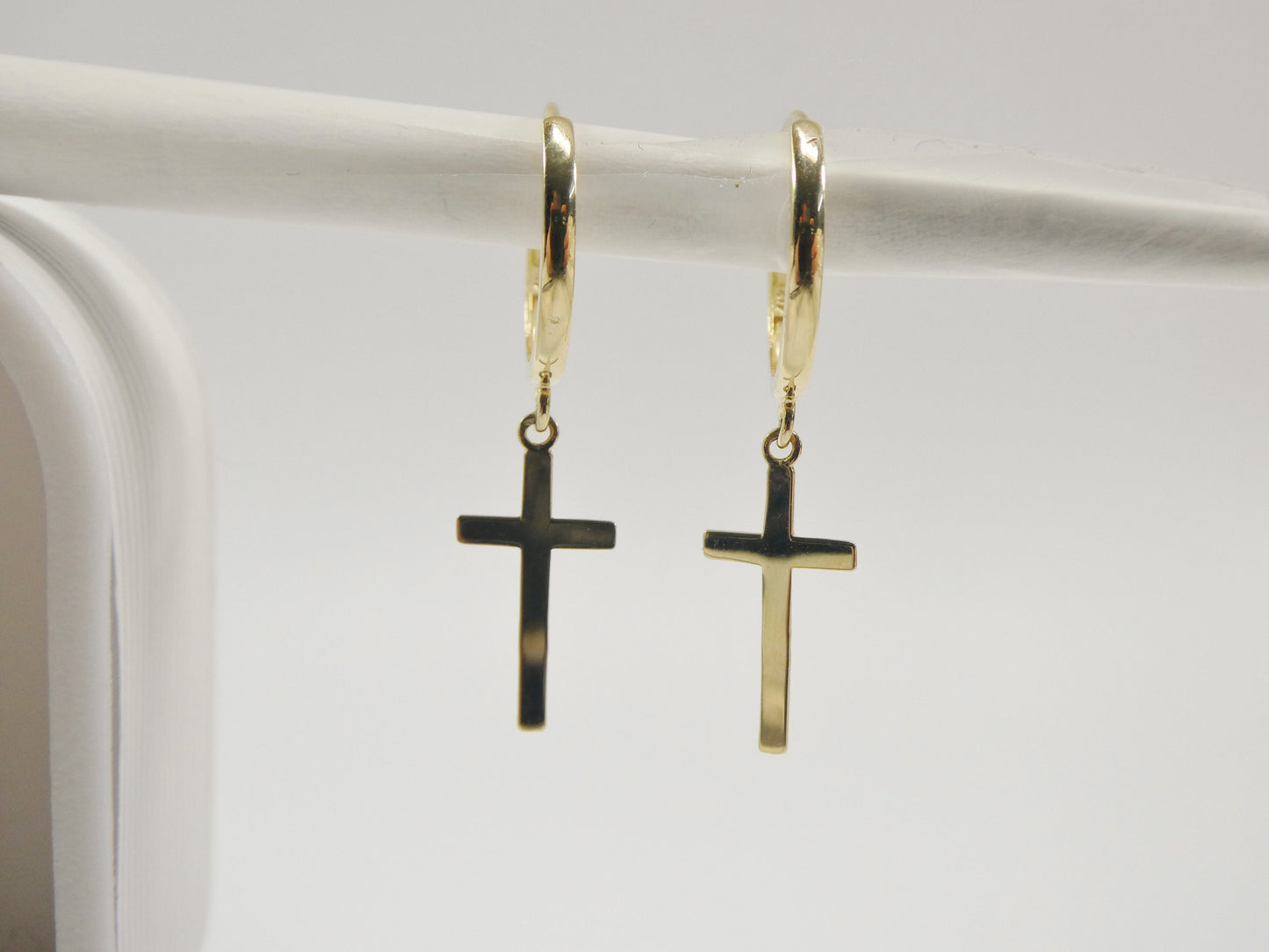 10k real solid yellow gold plain hoop huggie cross dropping