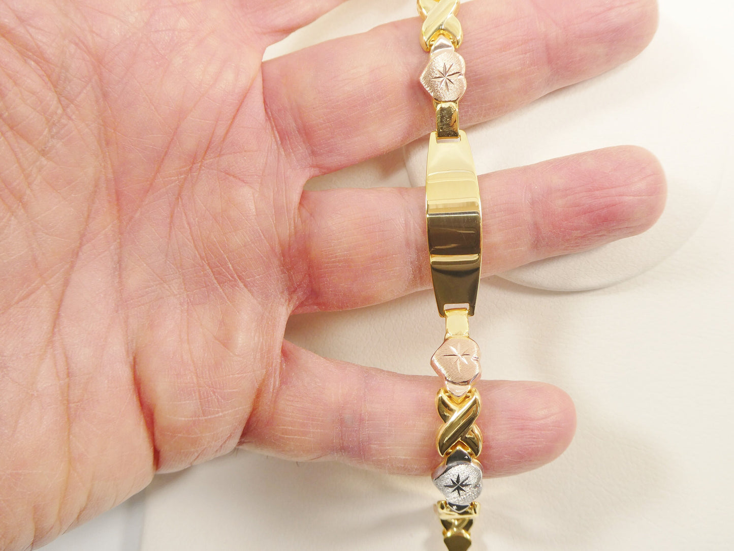 real 925 sterling silver stampato x heart ID bracelet 14k yellow gold finish