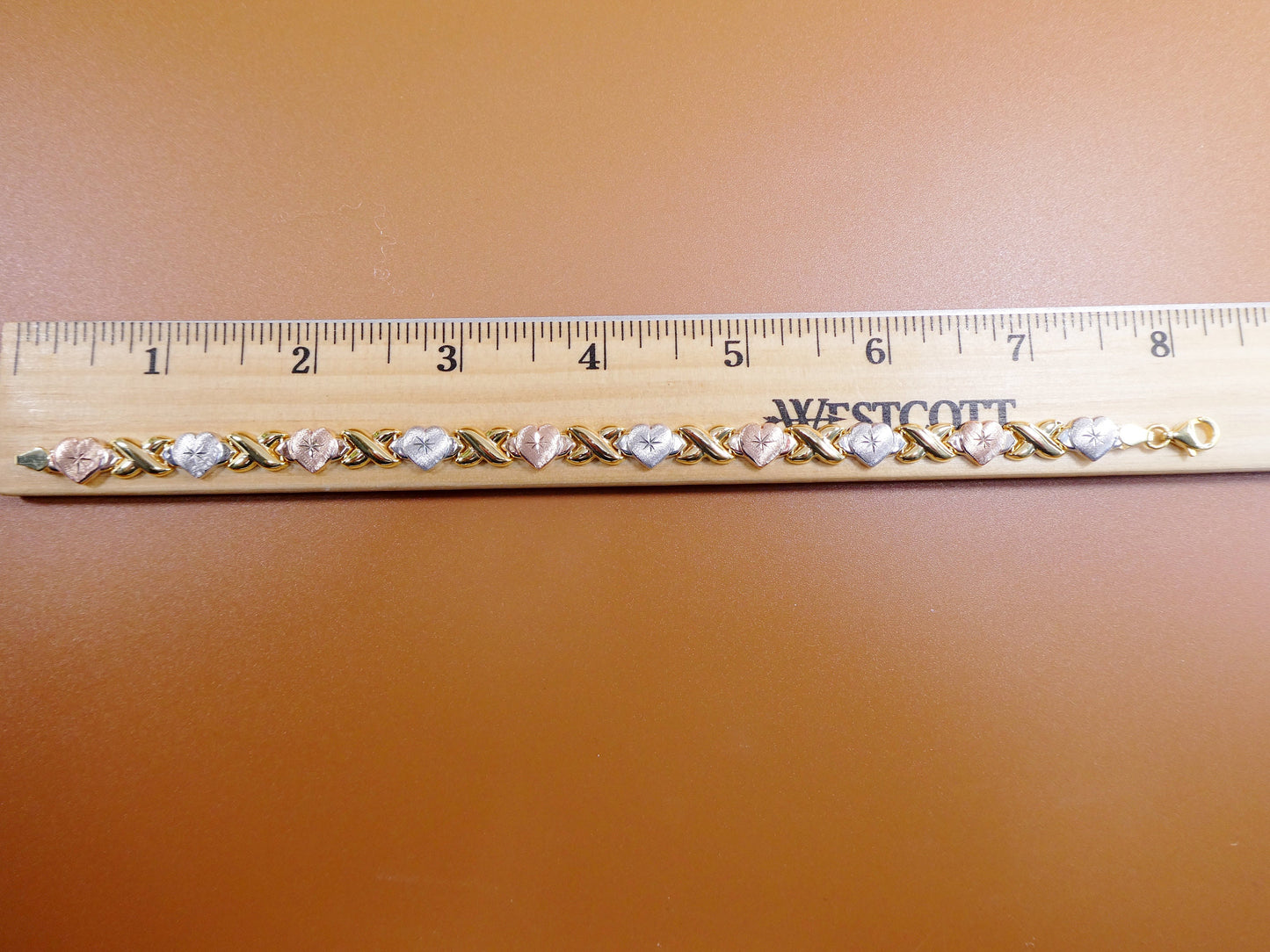 6.5 7/ 8 inch xoxo heart stampato bracelet tri color tone 14k yellow gold color finish over real 925 sterling silver
