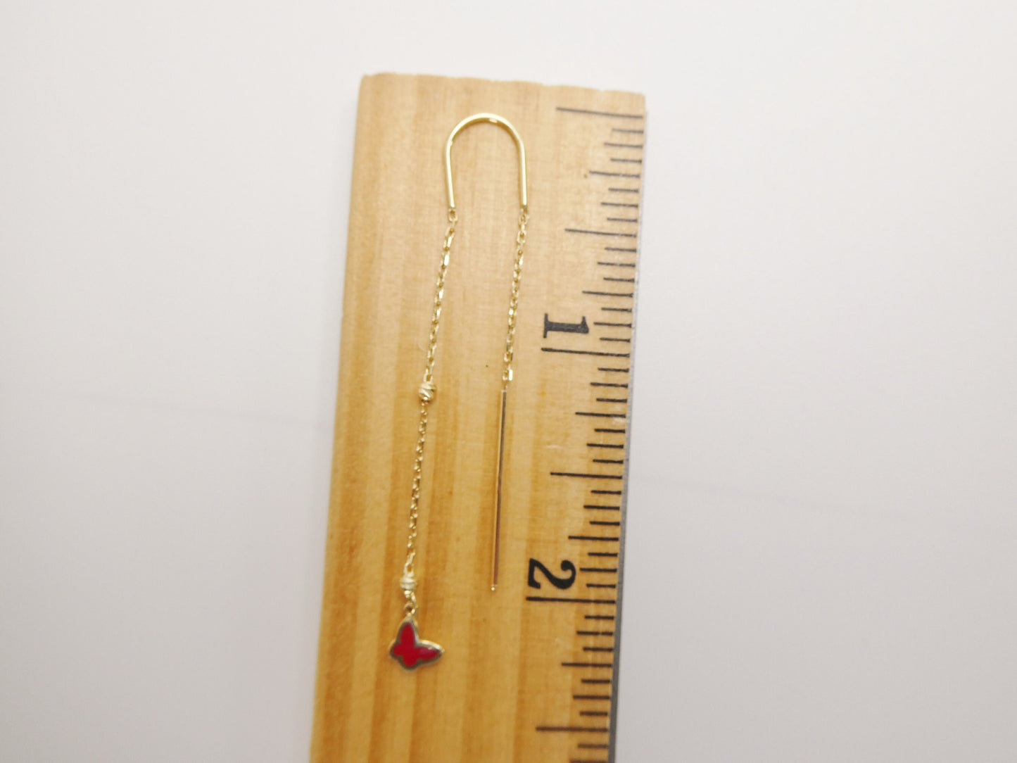 14k real solid yellow gold butterfly enamel long dangling earring