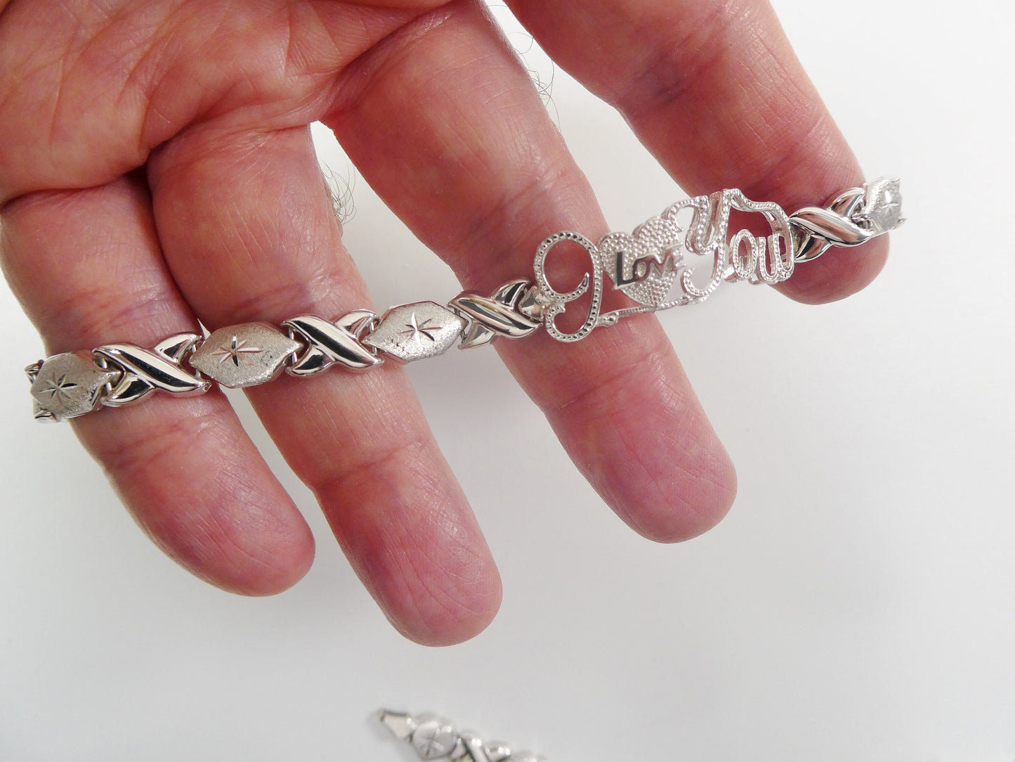 real 925 sterling silver I love you xo xo stampato bracelet 14k white gold finish