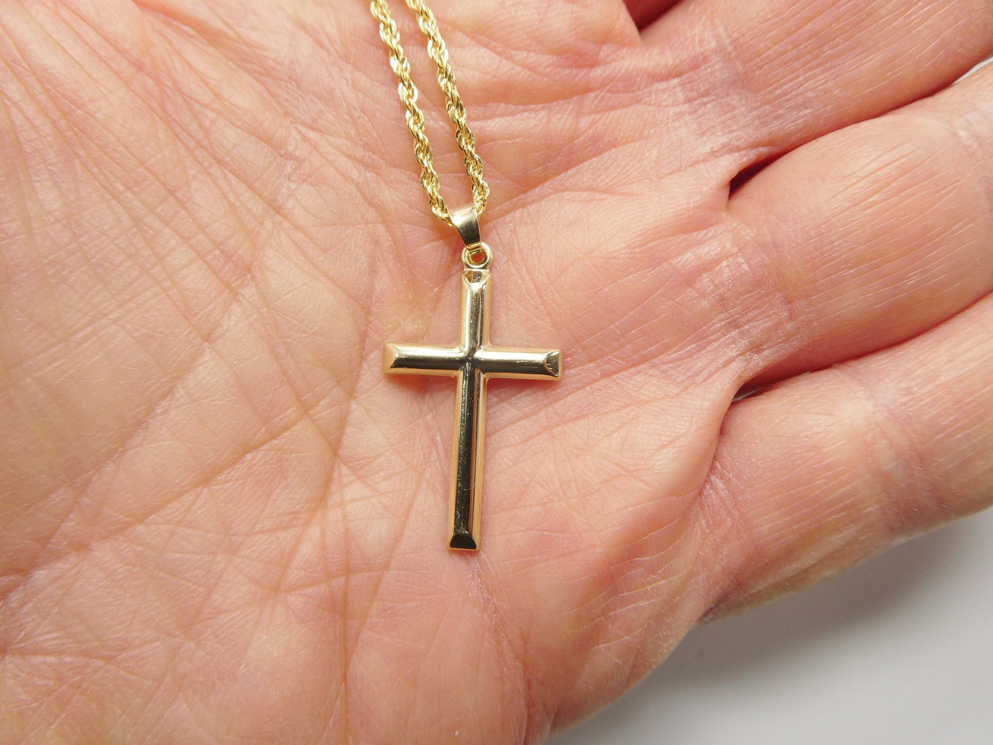 14k real solid yellow gold super polish cross pendent and robe necklace