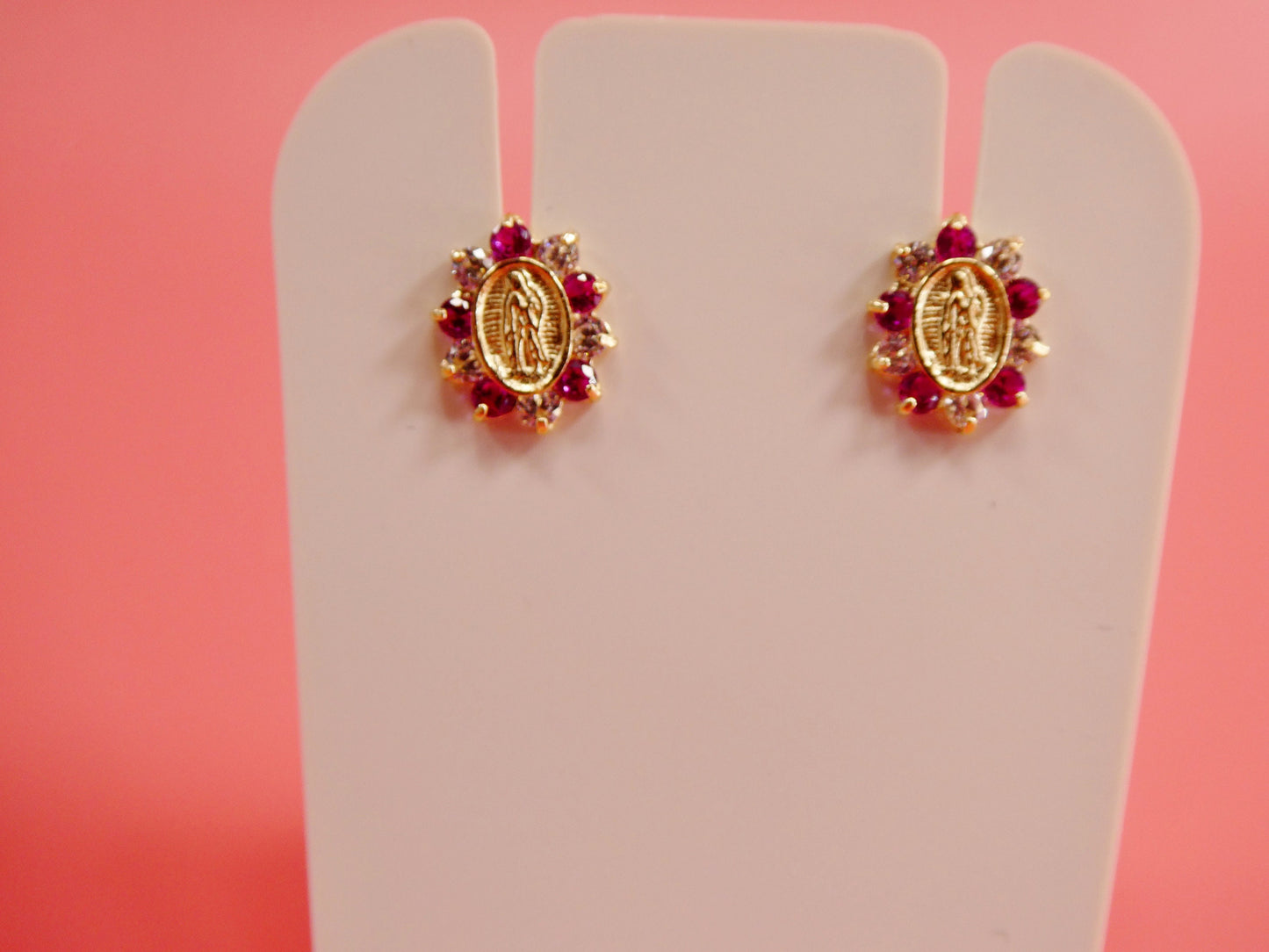 14k real solid yellow gold screw back Guadalupe virgin Mary earrings oval shape