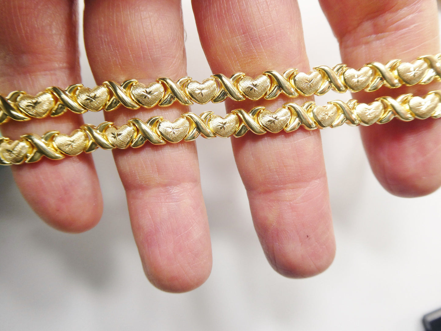 real 925 sterling silver / 6 /6.5 / 7 inch mini xoxo heart bracelet all yellow tone 14k yellow gold color finish