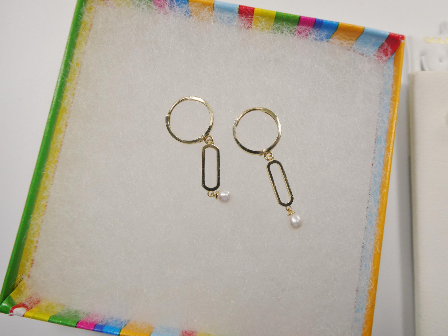 real 10k solid yellow gold paperclip pearl dropping earring