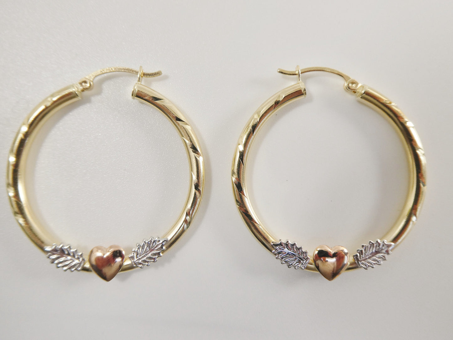 14K real solid yellow gold 3mm /25mm/35MM tri color heart center snap hoop earring