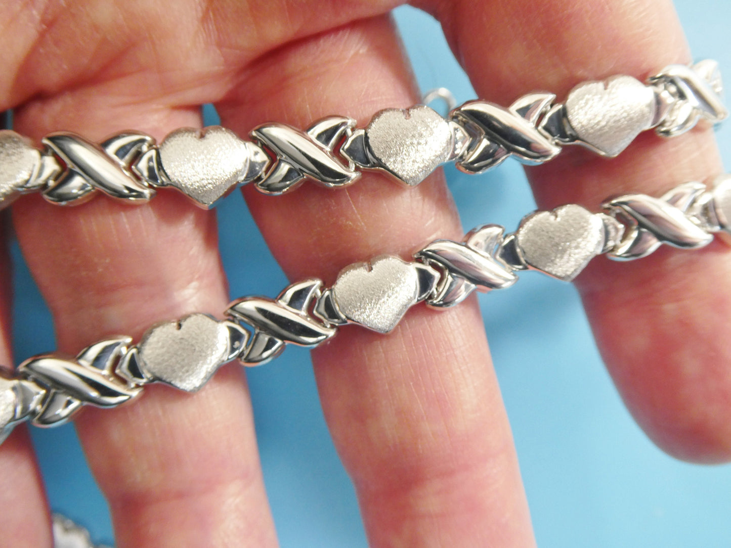 REAL 925 STERLING SILVER 6.5 / 7 / 8 / 10 inch xoxo satin heart super high polish bracelet