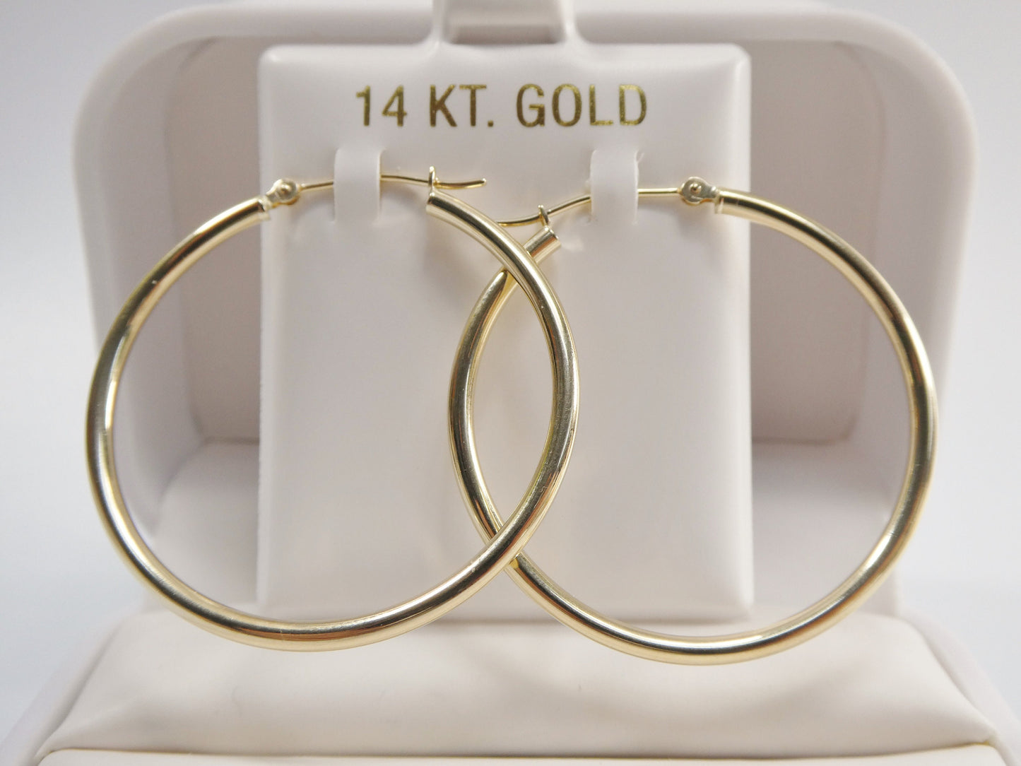 14K real solid yellow gold 2mm / 35mm round hoop earring snap closure high polish finish