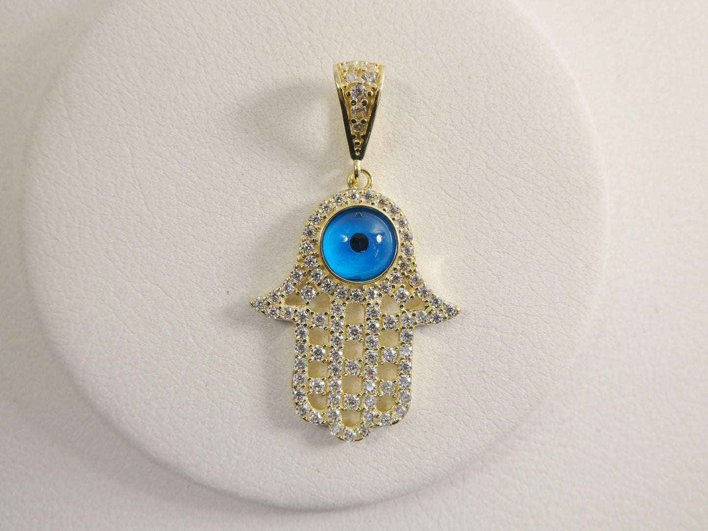 14k real solid yellow gold full stone setting evil eye hamsa charm pendent