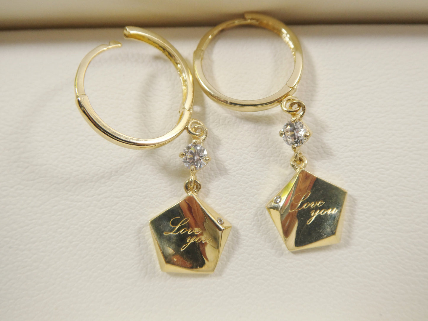 10k real yellow gold love engrave dangle plain huggie earring