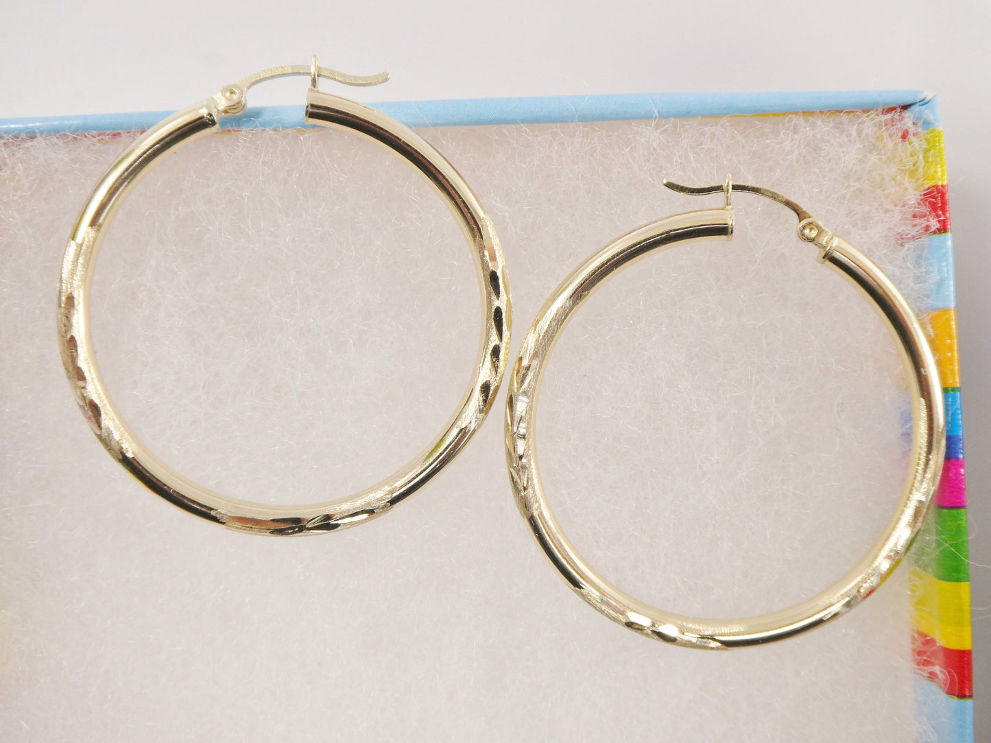 10k real solid yellow gold diomond cut hoop earring