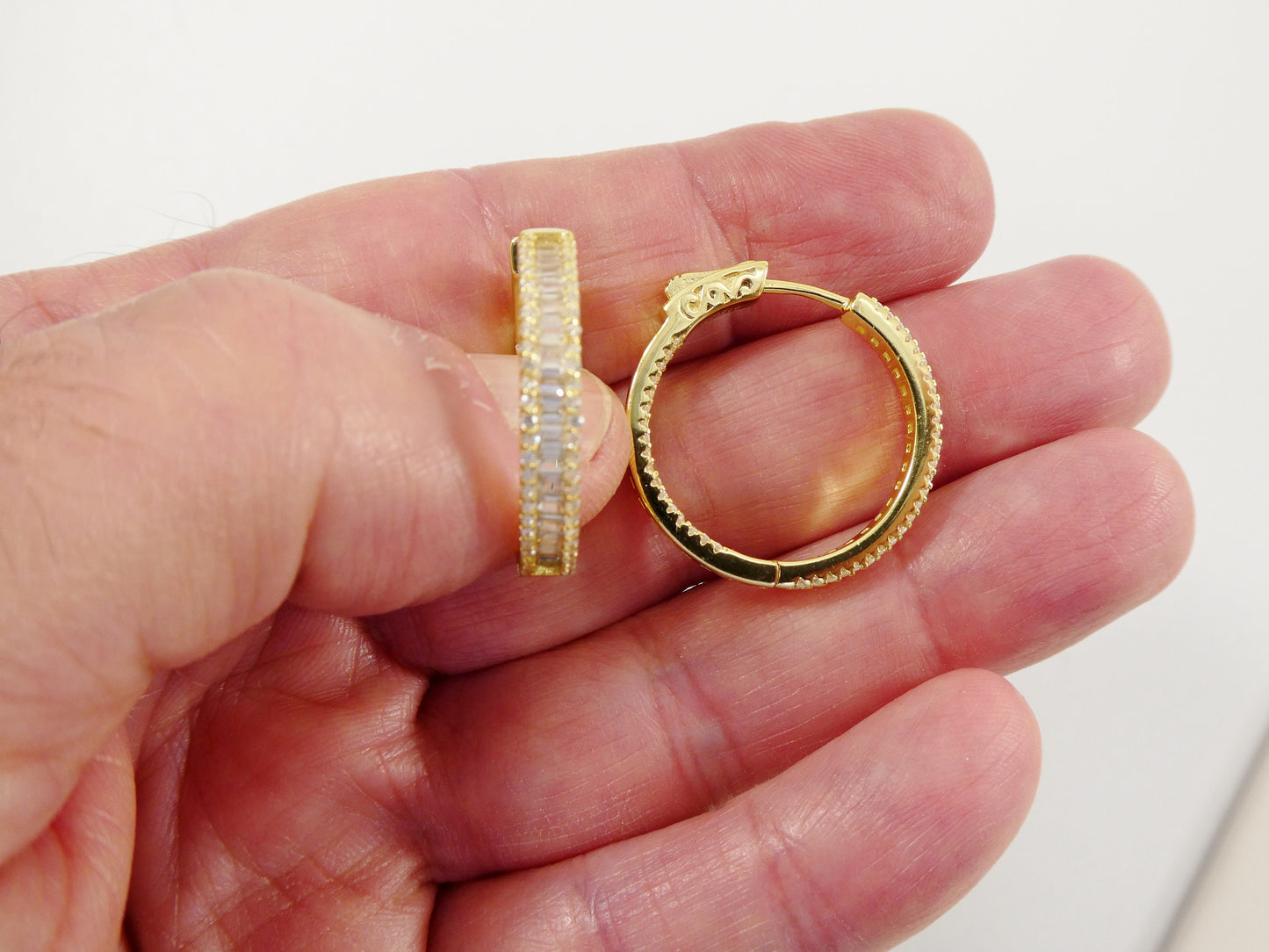 real 925 sterling silver 14k yellow gold color finish baguette setting earring