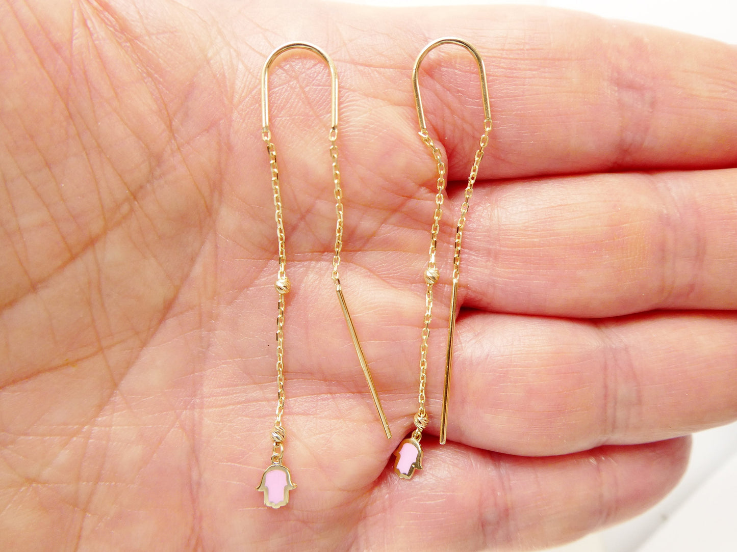 14k real solid yellow gold hamsa hand long dangling earring